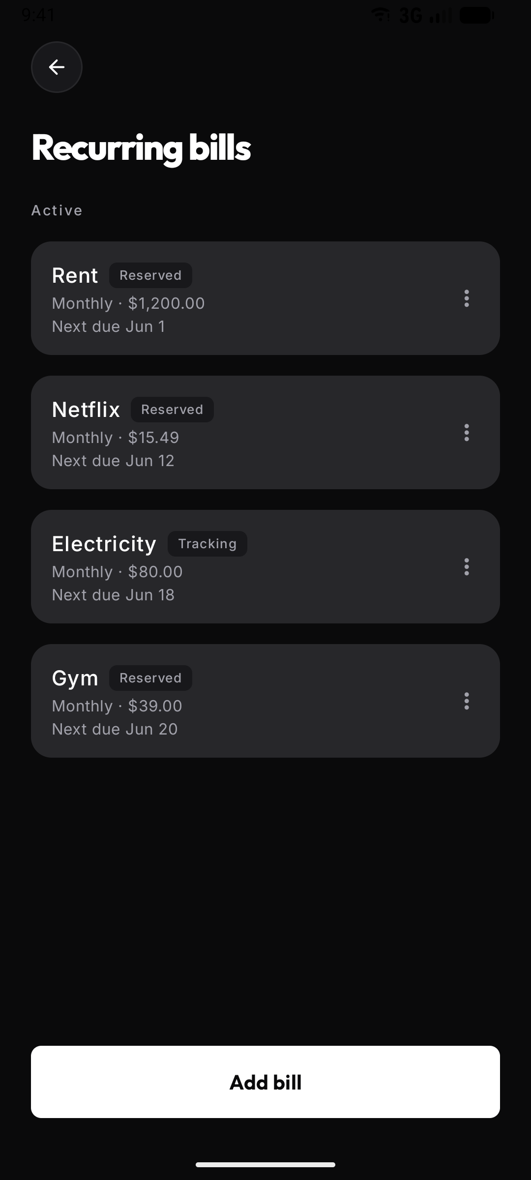 The recurring bills screen listing Rent, Netflix, Electricity, and Gym with their amounts and next due dates.