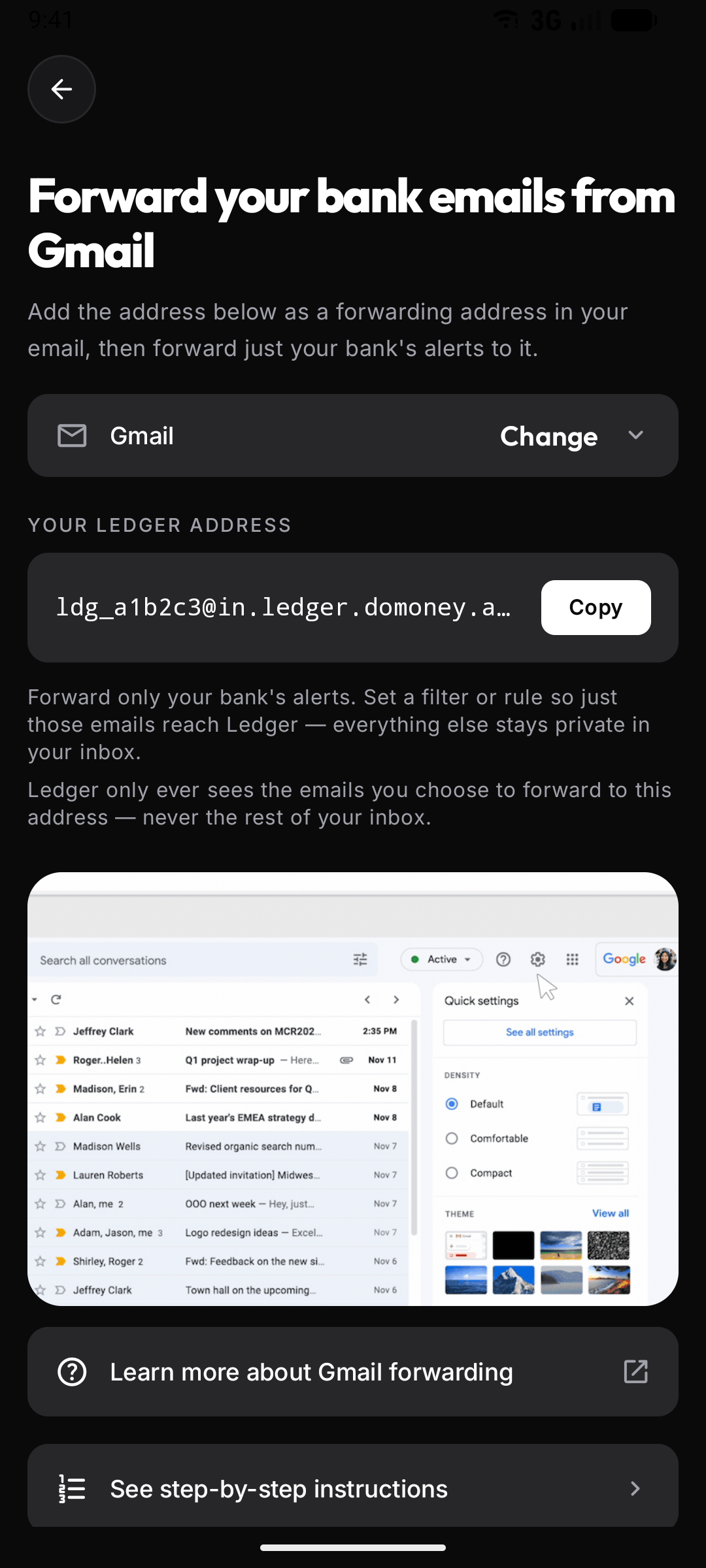 The setup screen showing how to forward your bank's email alerts to your private Ledger address.