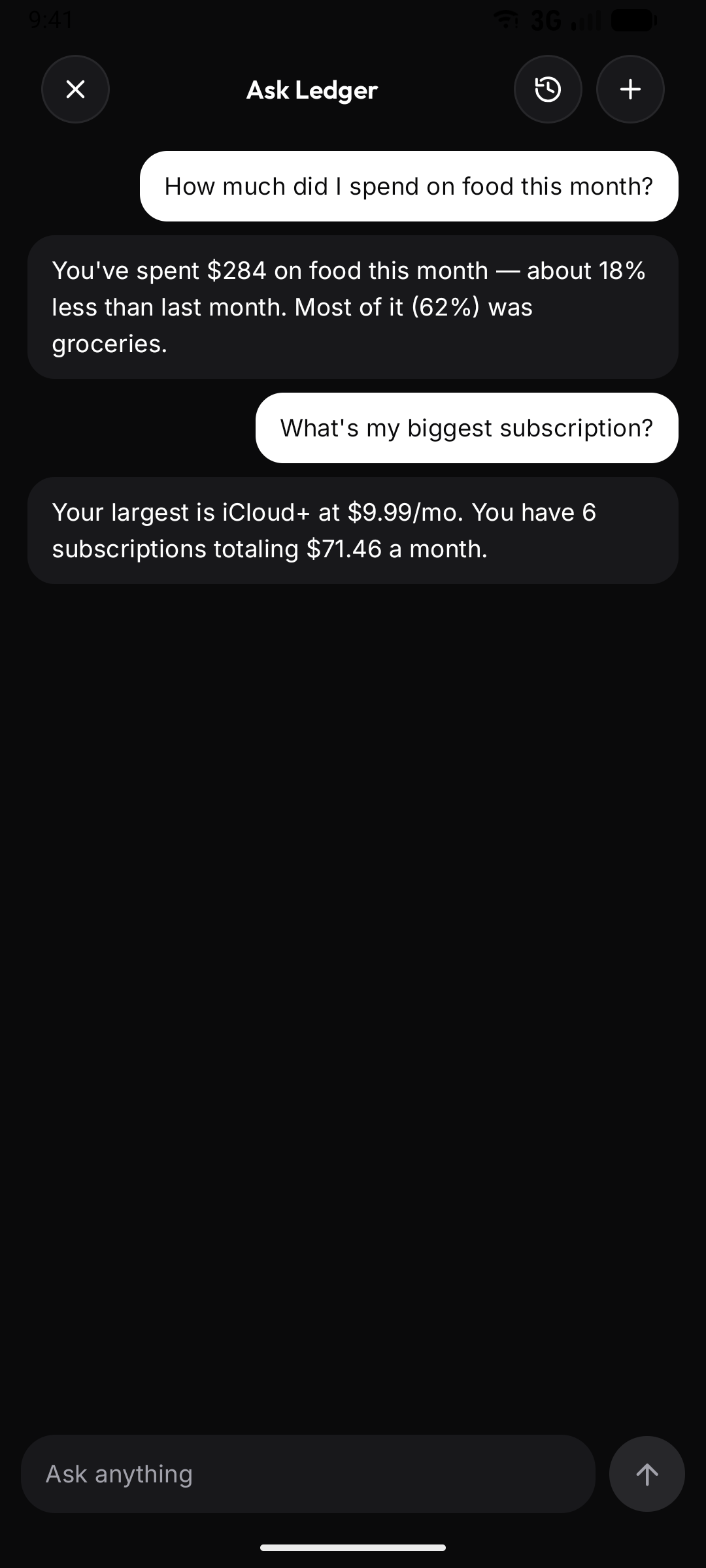 The Ask Ledger chat answering questions like how much was spent on food this month and which subscription is biggest.